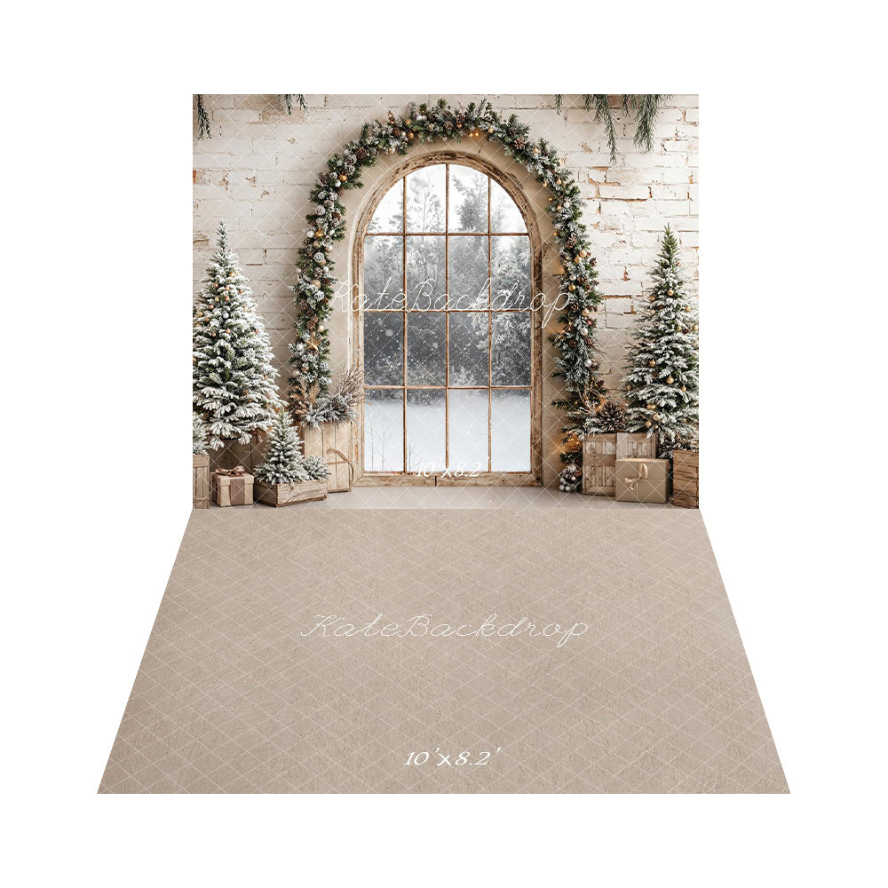 Kate Christmas Arched Window Garland Snowy Pine Trees Backdrop+Beige Pattern Abstract Texture Floor Backdrop