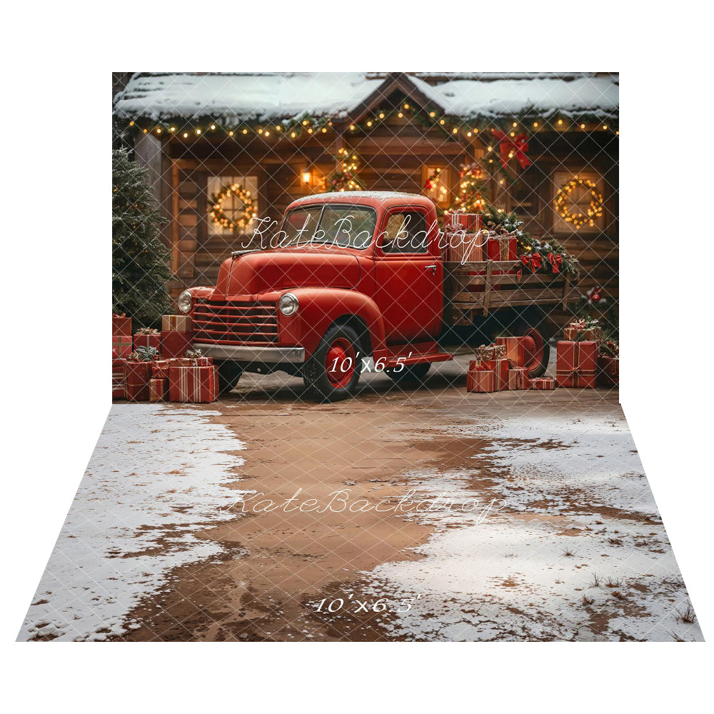 Kate Christmas Red Truck Snowy Cabin Gifts Backdrop+Winter Snow Ground Floor Backdrop