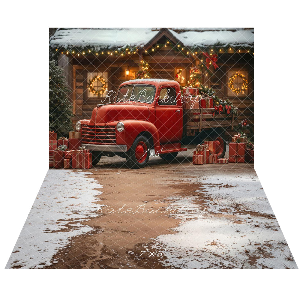 Kate Christmas Red Truck Snowy Cabin Gifts Backdrop+Winter Snow Ground Floor Backdrop