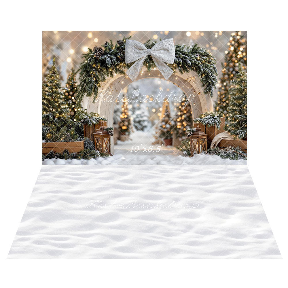 Kate Christmas Bow Arch Snowy Pine Trees Lanterns Backdrop+Winter Snow Floor Backdrop
