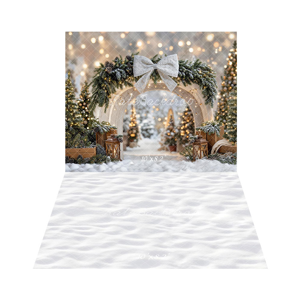 Kate Christmas Bow Arch Snowy Pine Trees Lanterns Backdrop+Winter Snow Floor Backdrop
