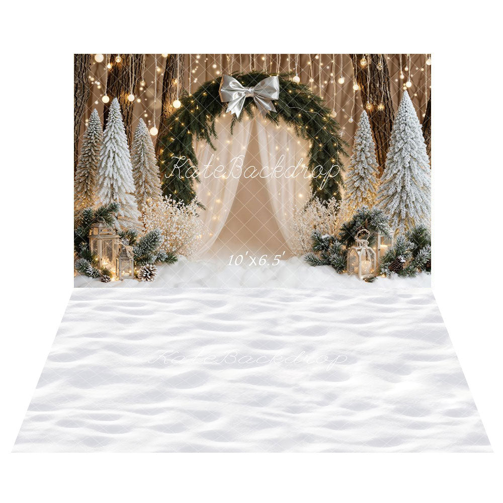 Kate Christmas Bow Arch Snowy Trees Lights Backdrop+Winter Snow Floor Backdrop