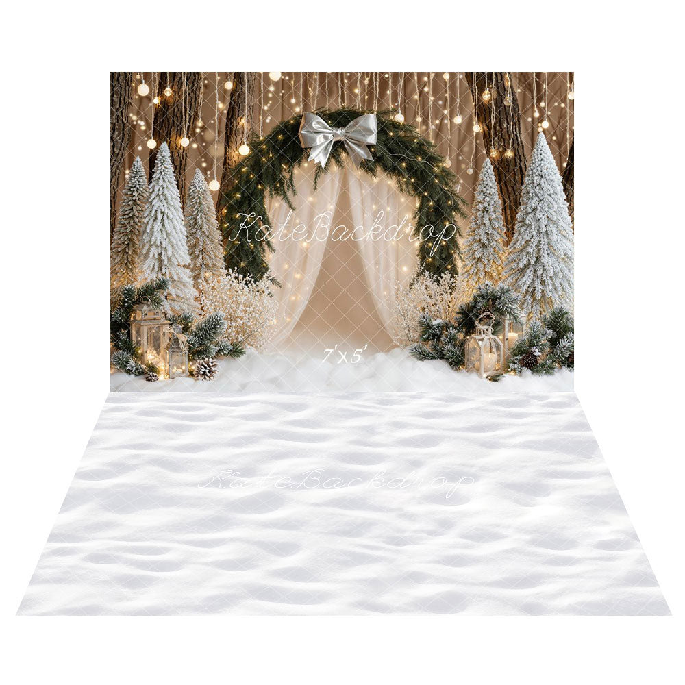 Kate Christmas Bow Arch Snowy Trees Lights Backdrop+Winter Snow Floor Backdrop