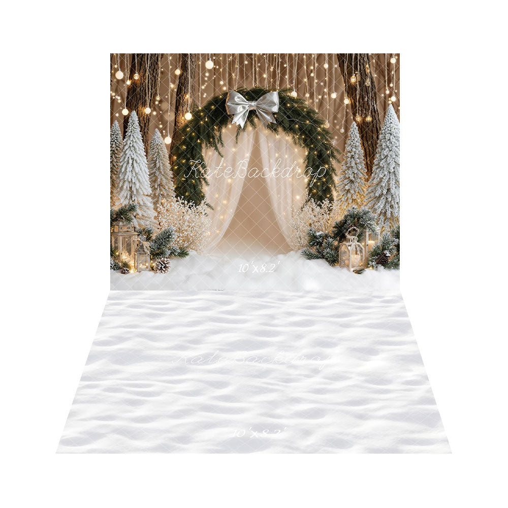 Kate Christmas Bow Arch Snowy Trees Lights Backdrop+Winter Snow Floor Backdrop