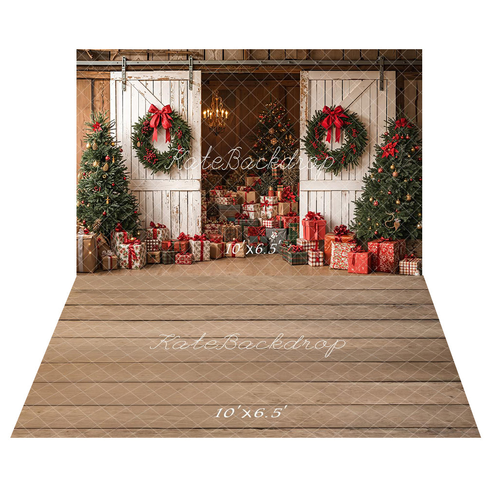 Kate Christmas White Barn Doors Wreaths Trees Gifts Backdrop+Light Brown Wood Floor Backdrop