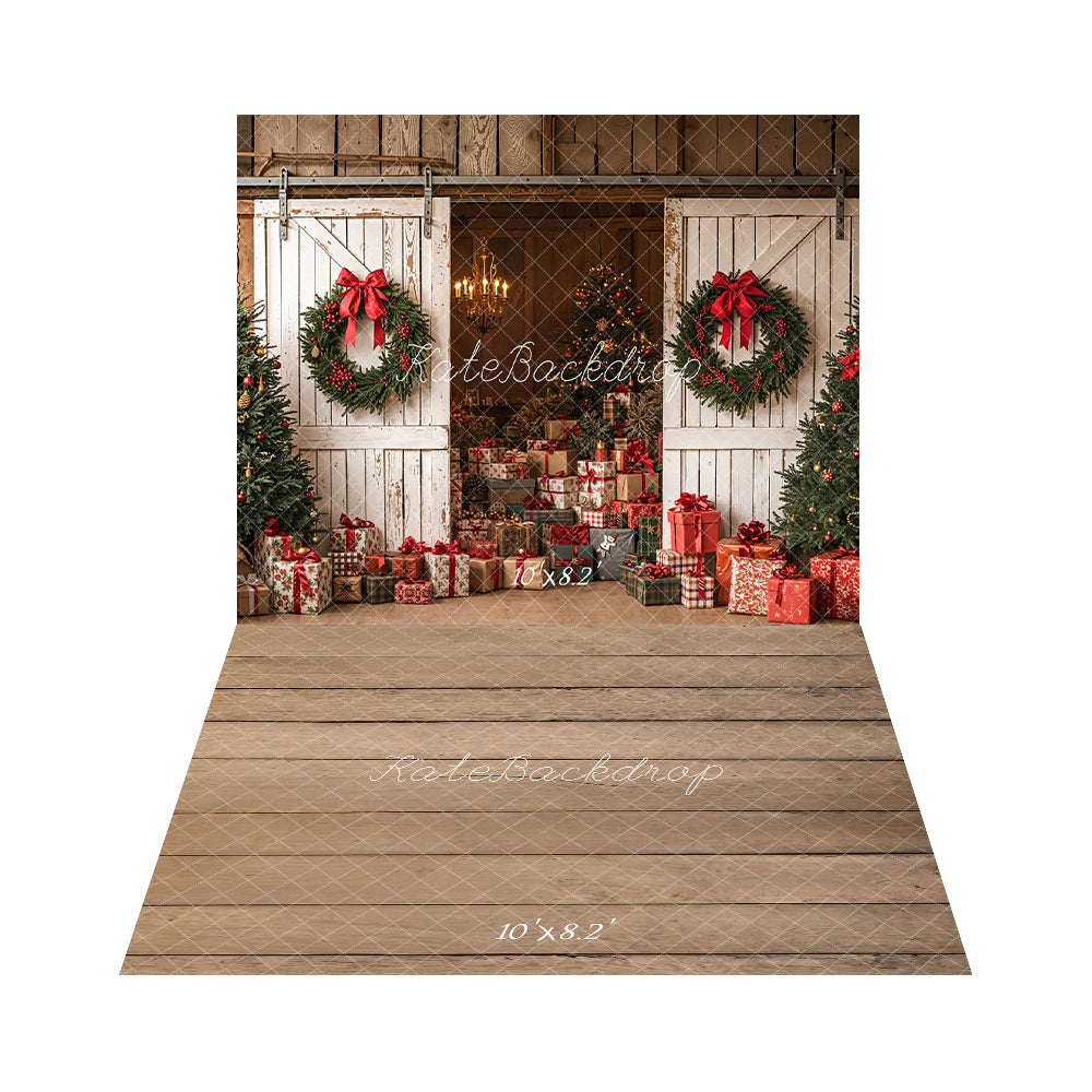Kate Christmas White Barn Doors Wreaths Trees Gifts Backdrop+Light Brown Wood Floor Backdrop