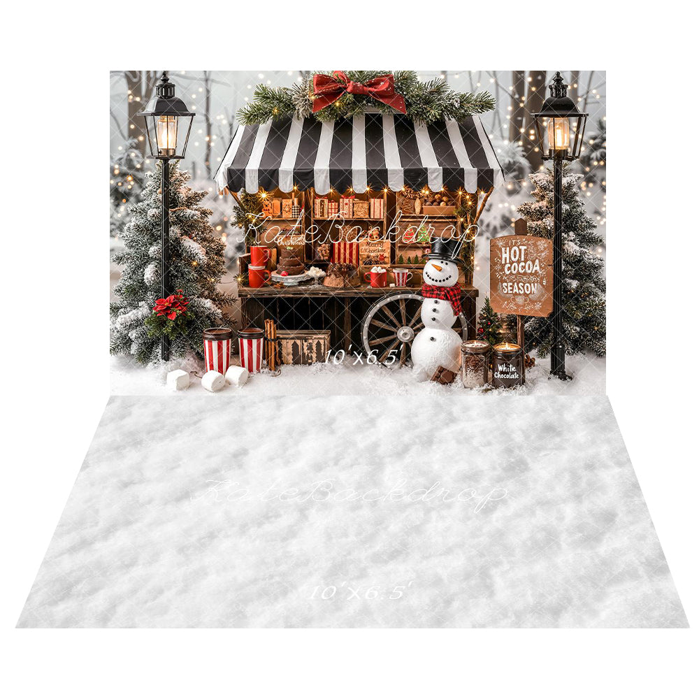 Kate Christmas Hot Cocoa Stand Snowman Winter Trees Backdrop+White Snow Floor Backdrop