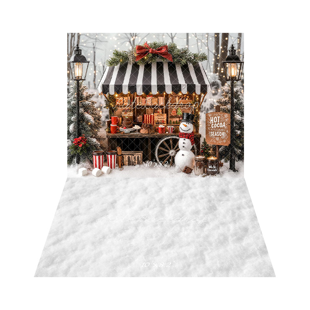 Kate Christmas Hot Cocoa Stand Snowman Winter Trees Backdrop+White Snow Floor Backdrop