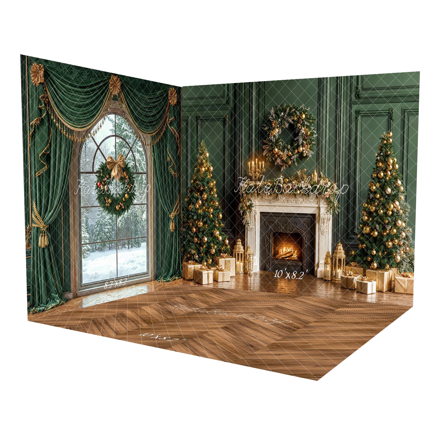 Kate Christmas Trees Fireplace Green Wall Gold Gifts Room Set
