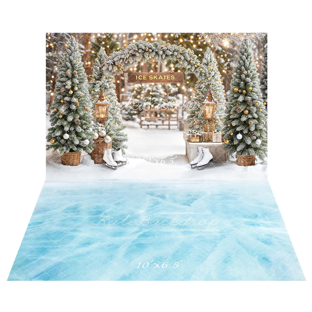 Kate Christmas Arch Snowy Trees Skates Lanterns Backdrop+Blue Ice Frozen Floor Backdrop