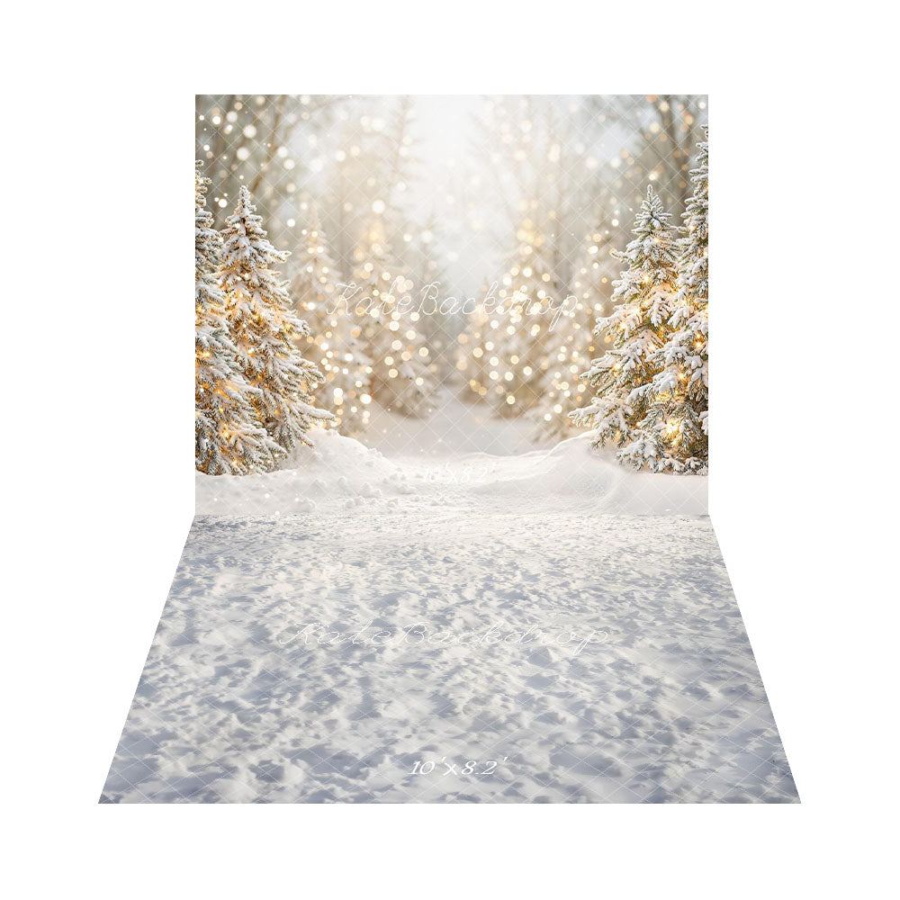 Kate Christmas Winter Snowy Pine Trees Bokeh Lights Backdrop+Winter Snow Texture Floor Backdrop