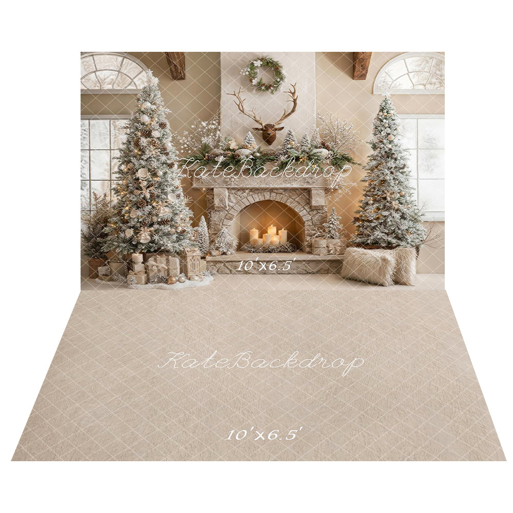 Kate Christmas Rustic Fireplace Antlers Snowy Trees Candles Backdrop+Beige Pattern Abstract Texture Floor Backdrop