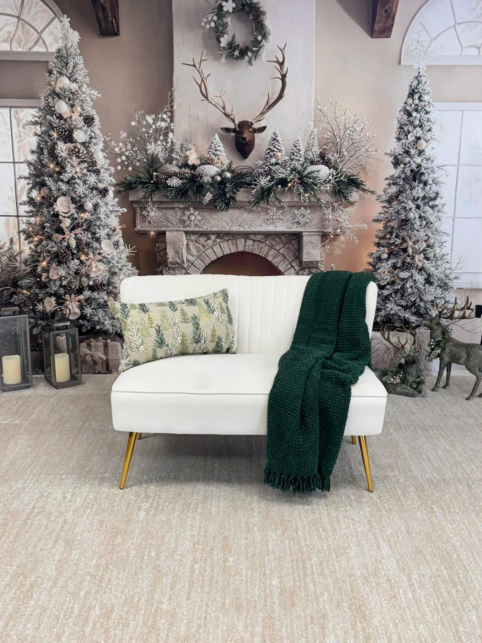 Kate Christmas Rustic Fireplace Antlers Snowy Trees Candles Backdrop Designed by Emetselch