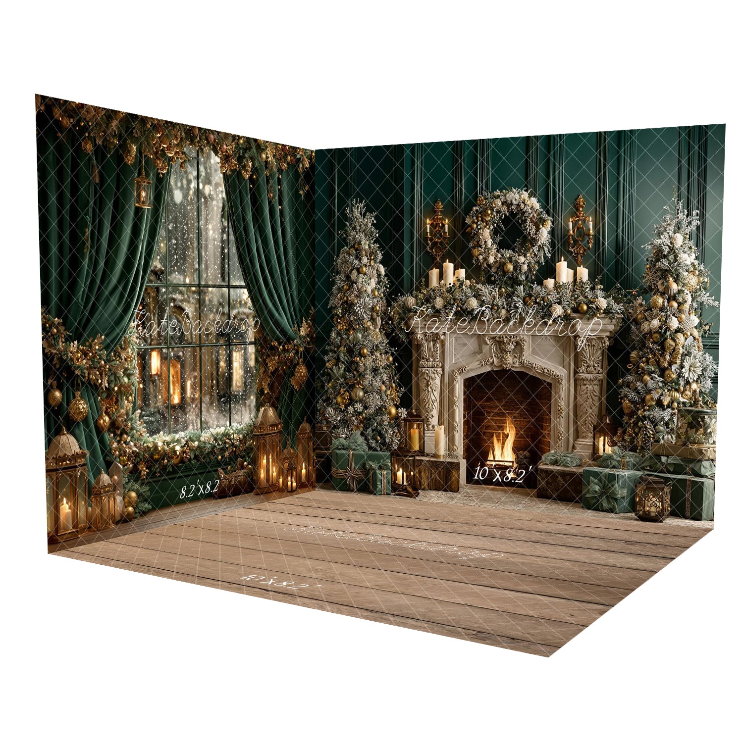 Kate Christmas Fireplace Vintage Wreath Trees Gifts Green Room Set
