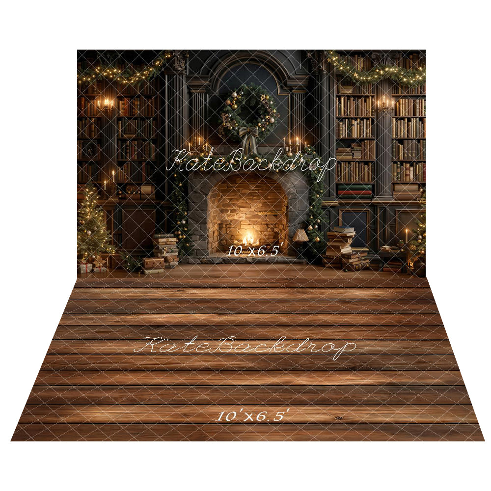 Kate Christmas Fireplace Bookshelves Garland Dark Backdrop+Brown Wood Floor Backdrop