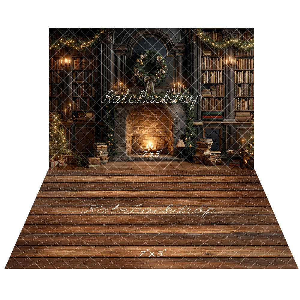 Kate Christmas Fireplace Bookshelves Garland Dark Backdrop+Brown Wood Floor Backdrop