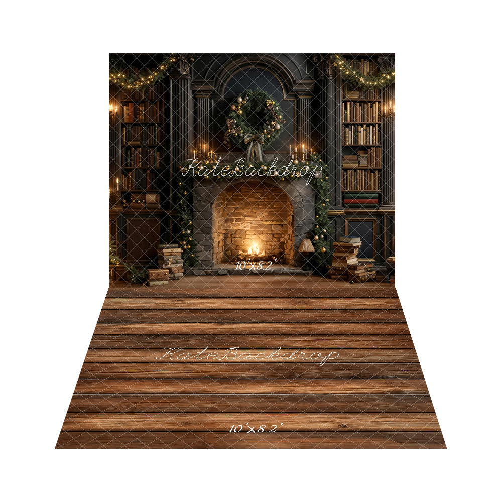 Kate Christmas Fireplace Bookshelves Garland Dark Backdrop+Brown Wood Floor Backdrop
