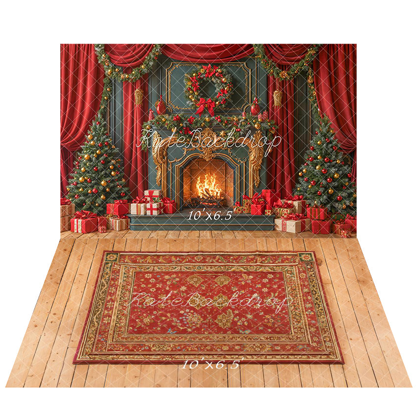 Kate Christmas Fireplace Retro Garland Curtains Tree Gifts Backdrop+Red Ornate Rug on Wood Floor Printed Backdrop