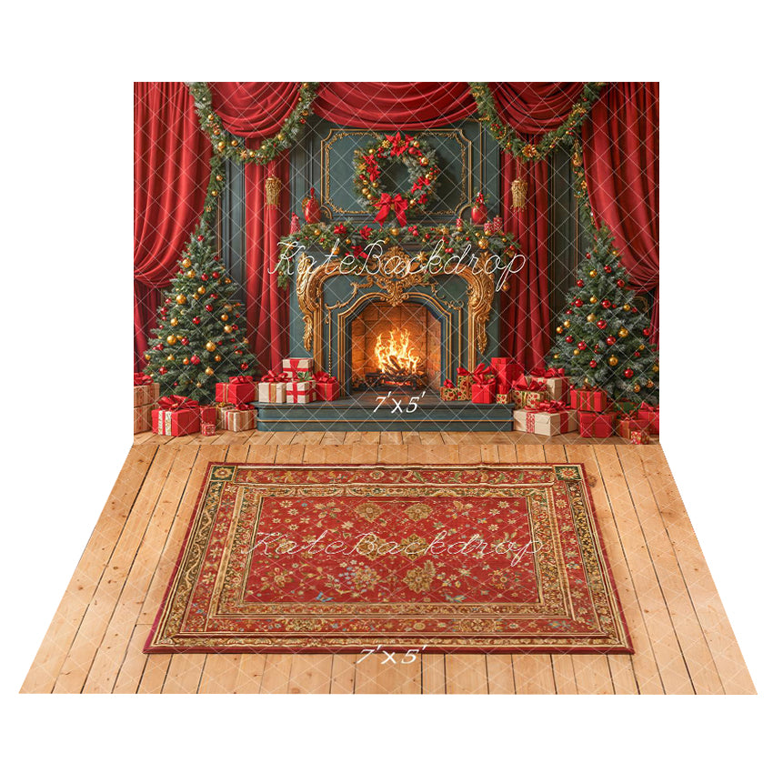 Kate Christmas Fireplace Retro Garland Curtains Tree Gifts Backdrop+Red Ornate Rug on Wood Floor Printed Backdrop