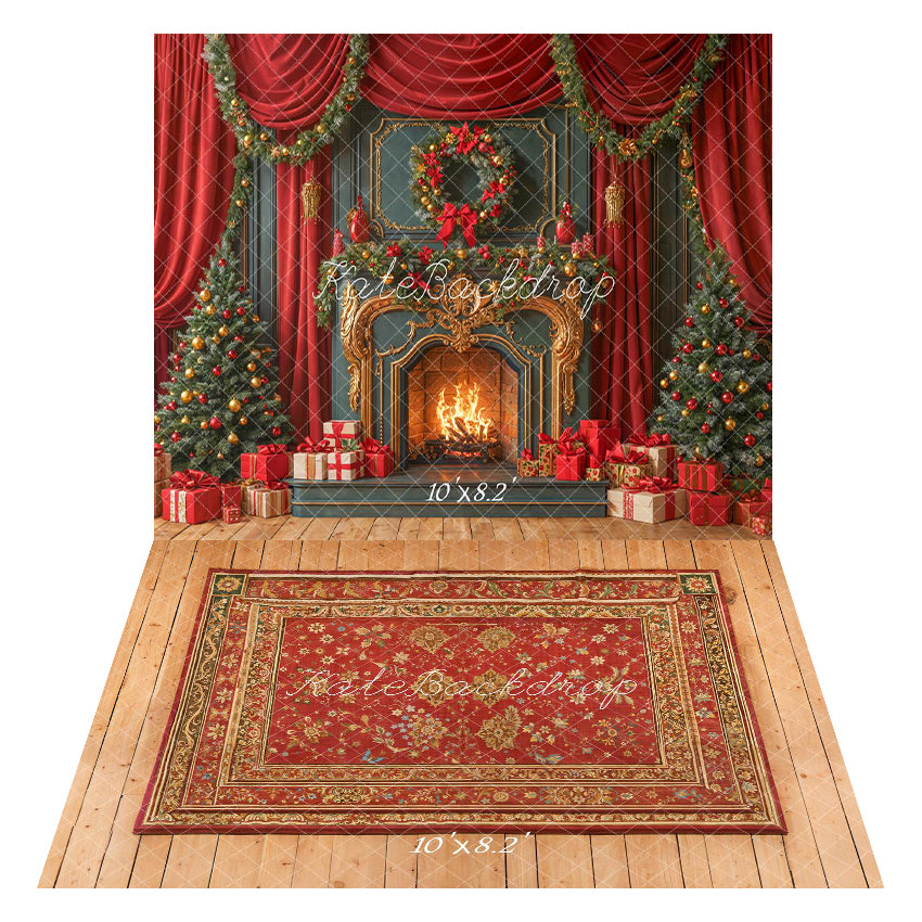 Kate Christmas Fireplace Retro Garland Curtains Tree Gifts Backdrop+Red Ornate Rug on Wood Floor Printed Backdrop