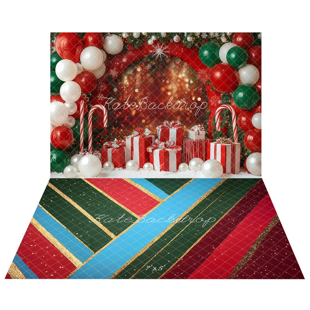 Kate Christmas Balloon Arch Candy Cane Gift Boxes Backdrop+Diagonal Stripes Red Green Blue Gold Glitter Backdrop