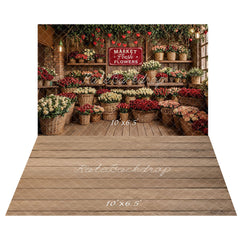 Kate Valentines Flower Market Basket Roses Shelves Printed Backdrop+Light Brown Wood Plank Floor Printed Backdrop