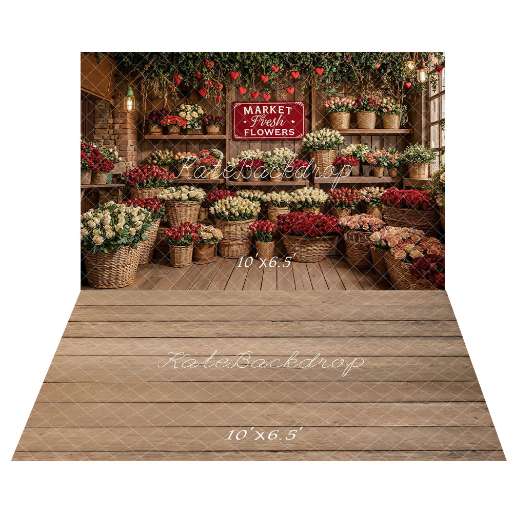 Kate Valentines Flower Market Basket Roses Shelves Backdrop+Light Brown Wood Plank Floor Backdrop