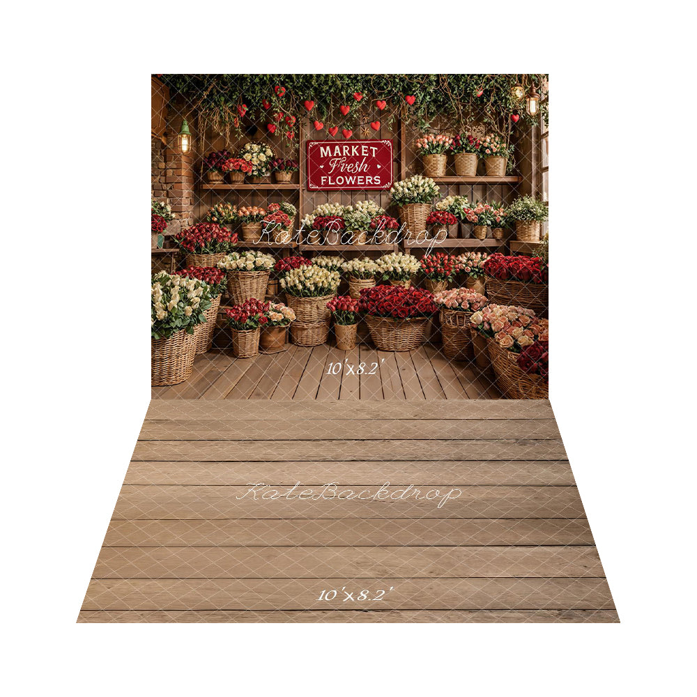 Kate Valentines Flower Market Basket Roses Shelves Backdrop+Light Brown Wood Plank Floor Backdrop
