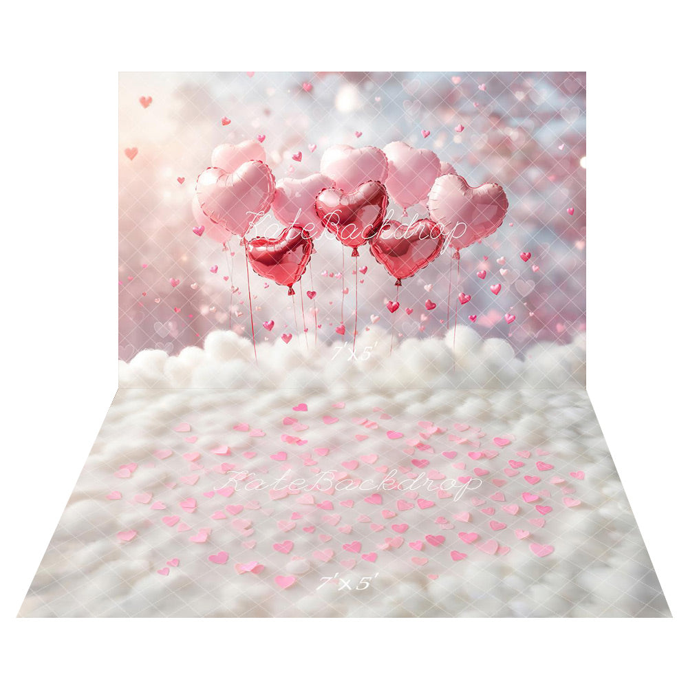 Kate Valentines Pink Heart Balloons Clouds Backdrop+Pink Hearts on White Cloud Texture Floor Backdrop