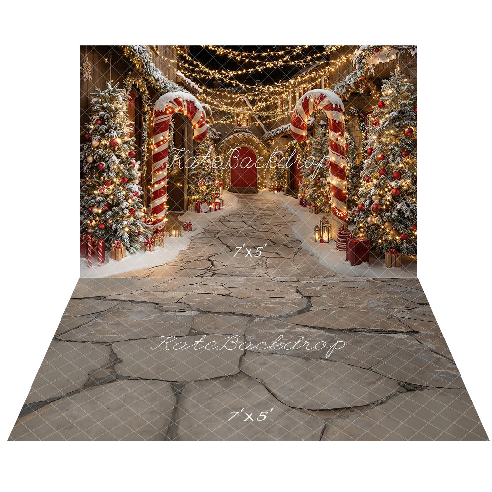Kate Christmas Candy Cane Snowy Village Lights Backdrop+ Gray Cobblestone Floor Backdrop