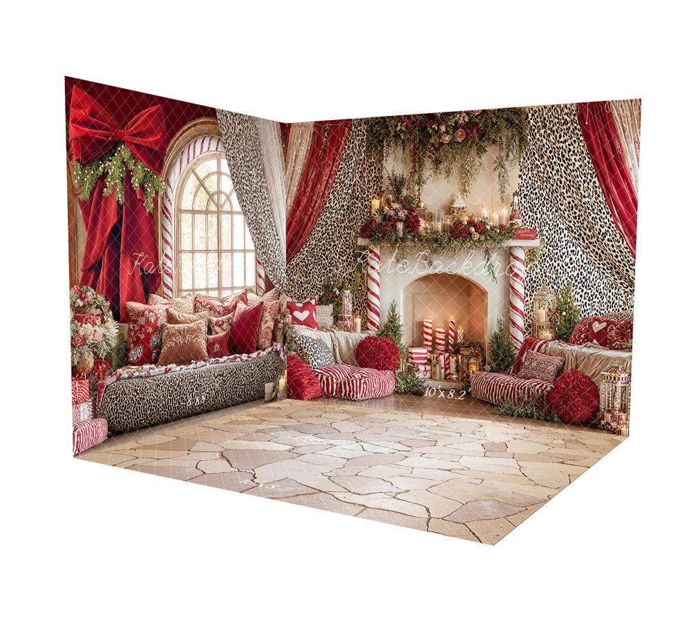 Kate Valentines Red Bow Leopard Curtain Window Floral Room Set