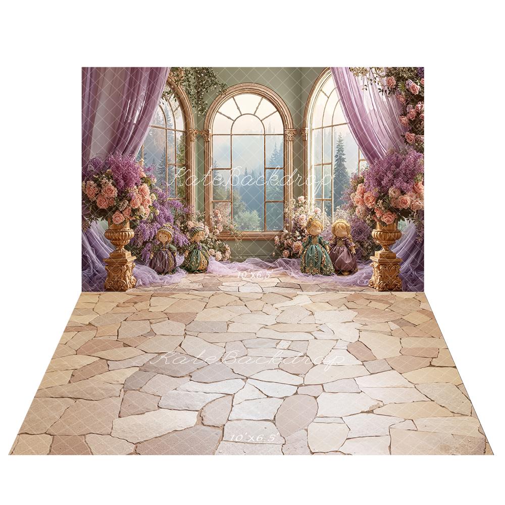 Kate Spring Purple Floral Arch Window Dolls Backdrop+Beige Stone Cobblestone Floor Backdrop