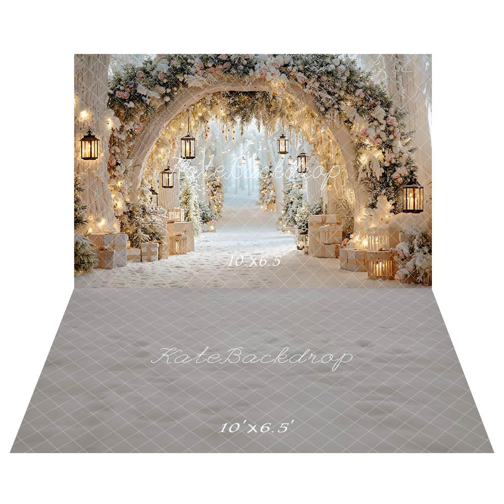 Kate Christmas Winter Flower Archway Lanterns Snowy Gifts Backdrop+Winter Dark Snow Floor Backdrop