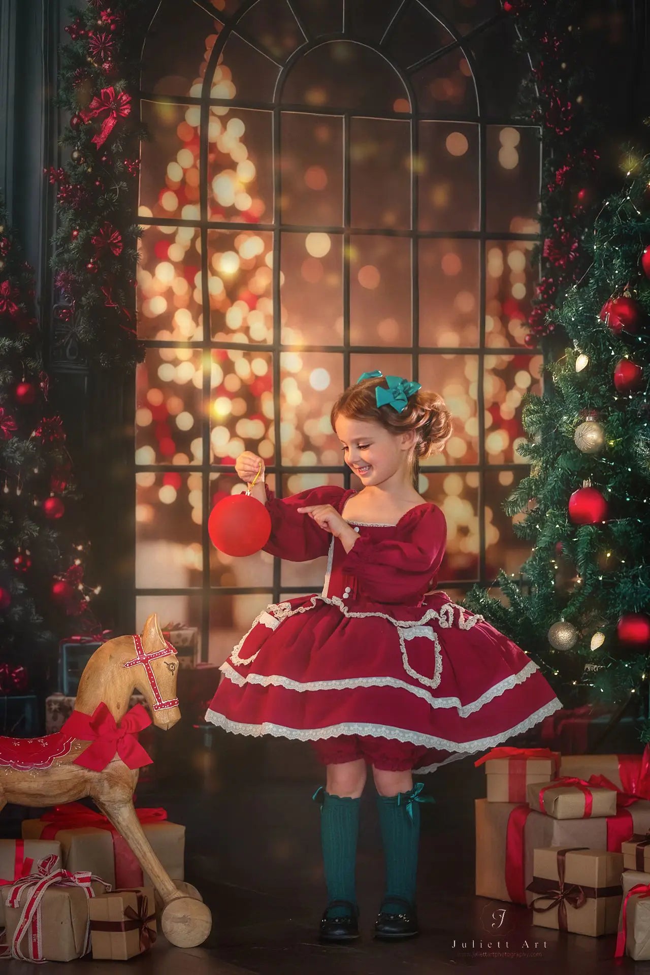 Kate Christmas Trees Garland Window Bokeh Gifts Black Backdrop Designed by Emetselch