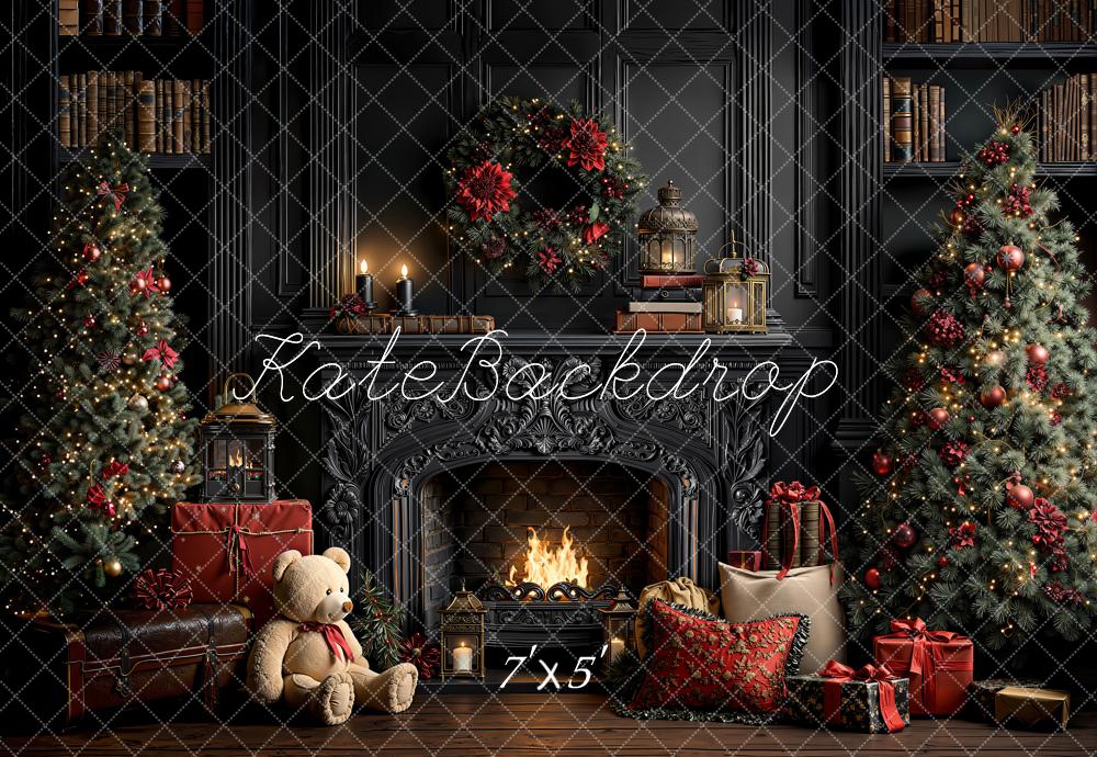 Kate Christmas Vintage Fireplace Wreath Trees Gifts Bookshelves Printed Backdrop Designed by Emetselch