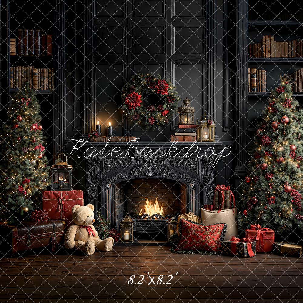 Kate Christmas Vintage Fireplace Wreath Trees Gifts Bookshelves Printed Backdrop Designed by Emetselch
