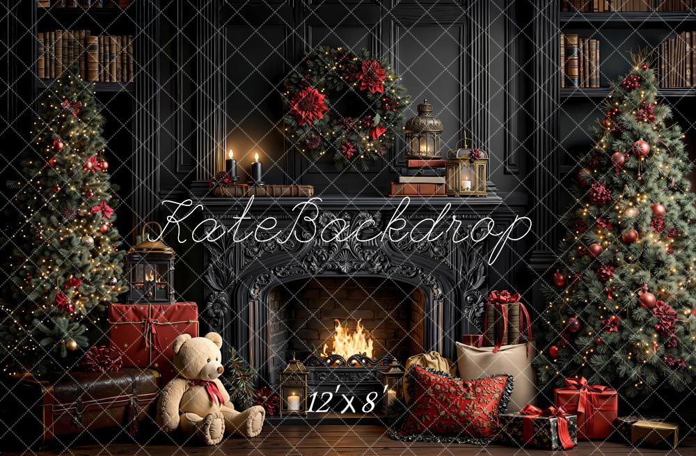 Kate Christmas Vintage Fireplace Wreath Trees Gifts Bookshelves Printed Backdrop Designed by Emetselch