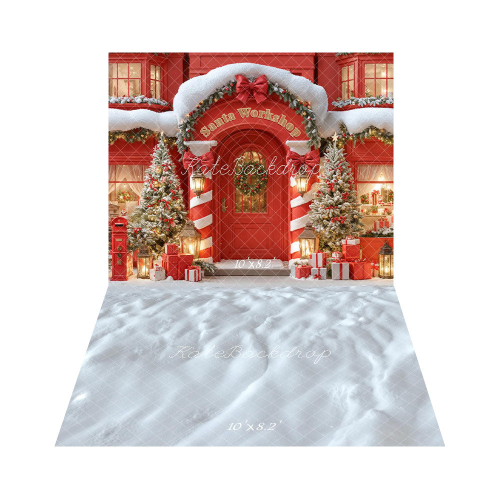 Kate Christmas Santa Workshop Red Snowy Trees Presents Backdrop+Winter White Snow Floor Backdrop