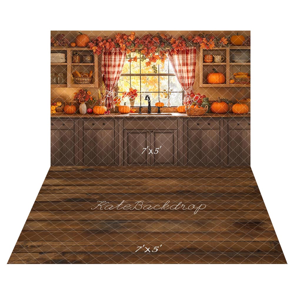 Kate Fall Kitchen Window Pumpkins Rustic Shelves Backdrop+Brown Wooden Floor Backdrop