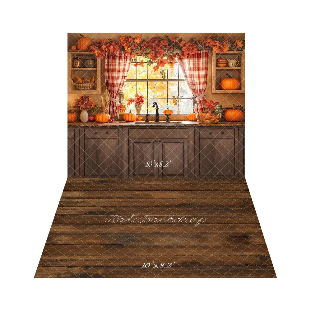 Kate Fall Kitchen Window Pumpkins Rustic Shelves Backdrop+Brown Wooden Floor Backdrop