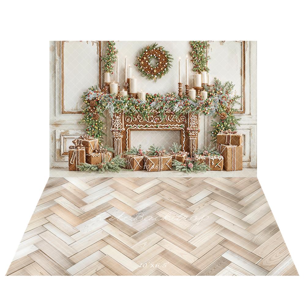 Kate Christmas Gingerbread Fireplace Garland Gifts Wreath Backdrop+Light Wood Herringbone Floor Backdrop