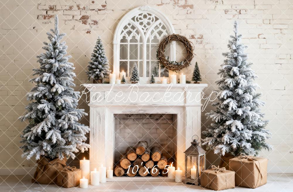Kate Christmas Fireplace Snowy Trees Gift Boxes Candles Backdrop Designed by Emetselch