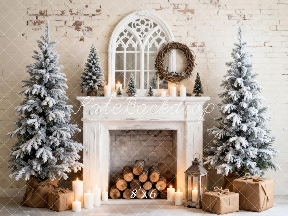 Kate Christmas Fireplace Snowy Trees Gift Boxes Candles Backdrop Designed by Emetselch