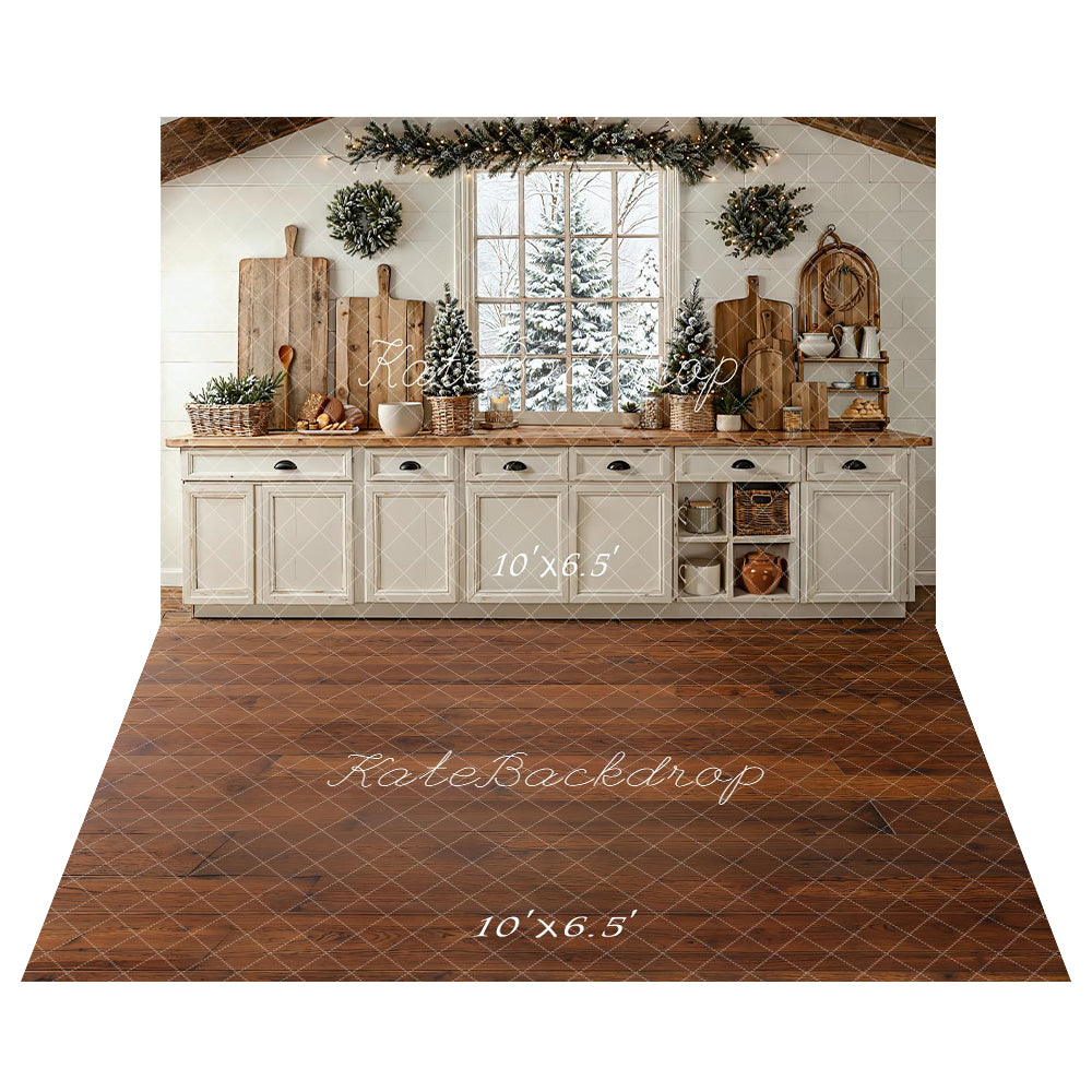 Kate Christmas Kitchen Window Garland Wreaths Rustic White Backdrop+ Brown Wood Floor Backdrop