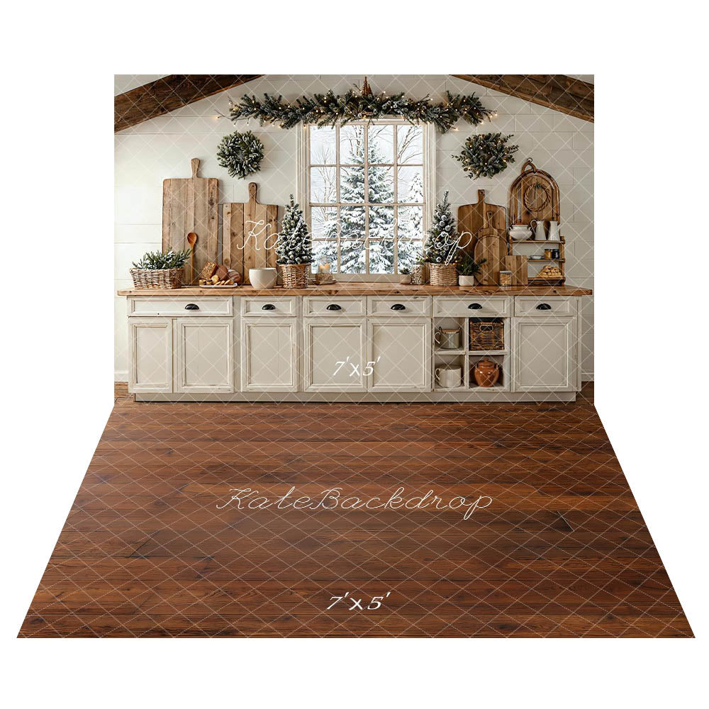 Kate Christmas Kitchen Window Garland Wreaths Rustic White Backdrop+ Brown Wood Floor Backdrop
