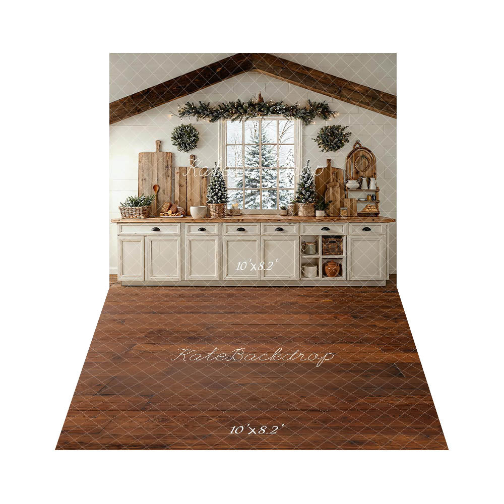Kate Christmas Kitchen Window Garland Wreaths Rustic White Backdrop+ Brown Wood Floor Backdrop