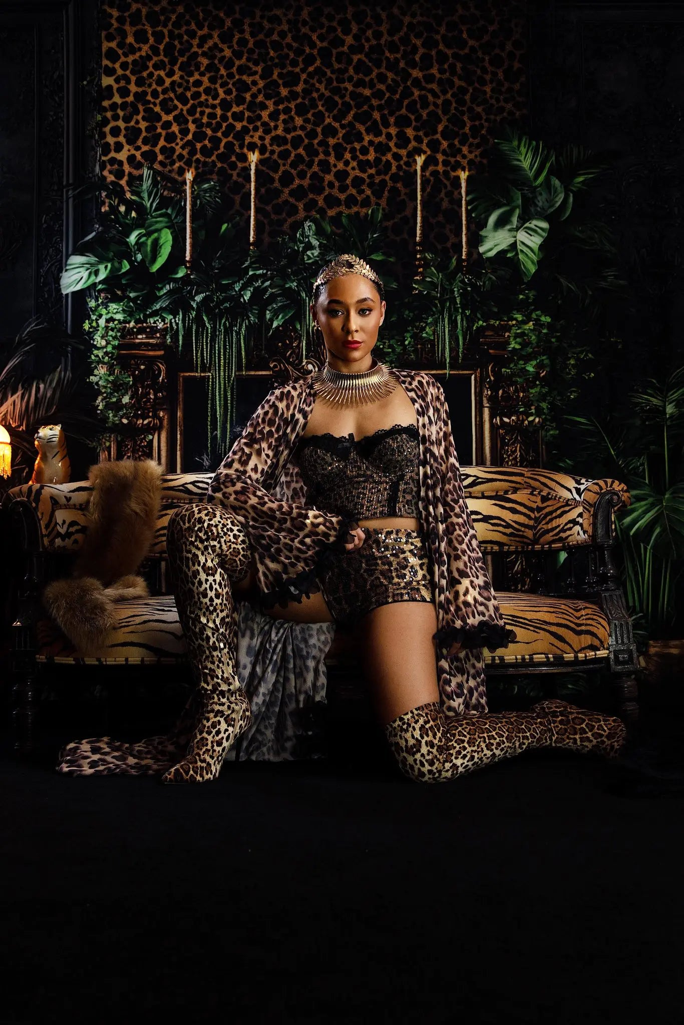 Kate Boudoir Leopard Print Ornate Fireplace Jungle Greenery Printed Backdrop Designed by Ashley Paul
