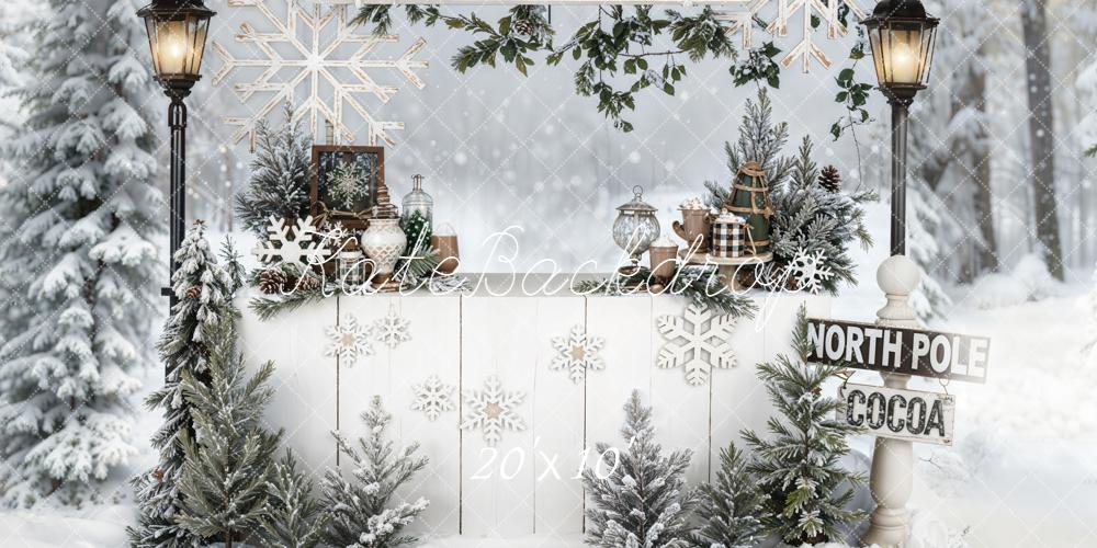 Kate Christmas Hot Cocoa Bar Snowy Pine Trees Backdrop Designed by Emetselch
