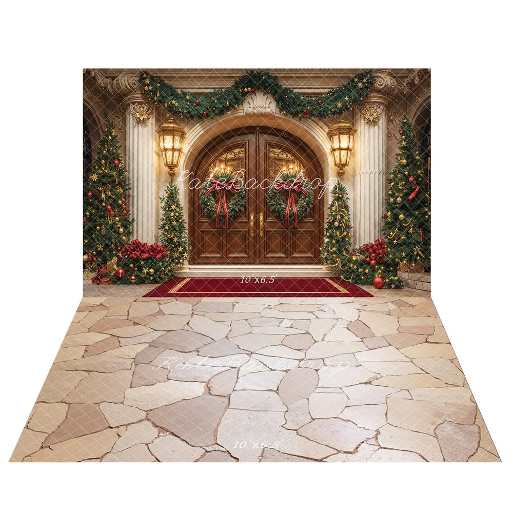 Kate Christmas Garland Wreath Trees Retro Doorway Arch Backdrop+Beige Stone Cobblestone Floor Backdrop