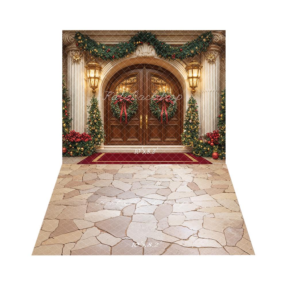 Kate Christmas Garland Wreath Trees Retro Doorway Arch Backdrop+Beige Stone Cobblestone Floor Backdrop